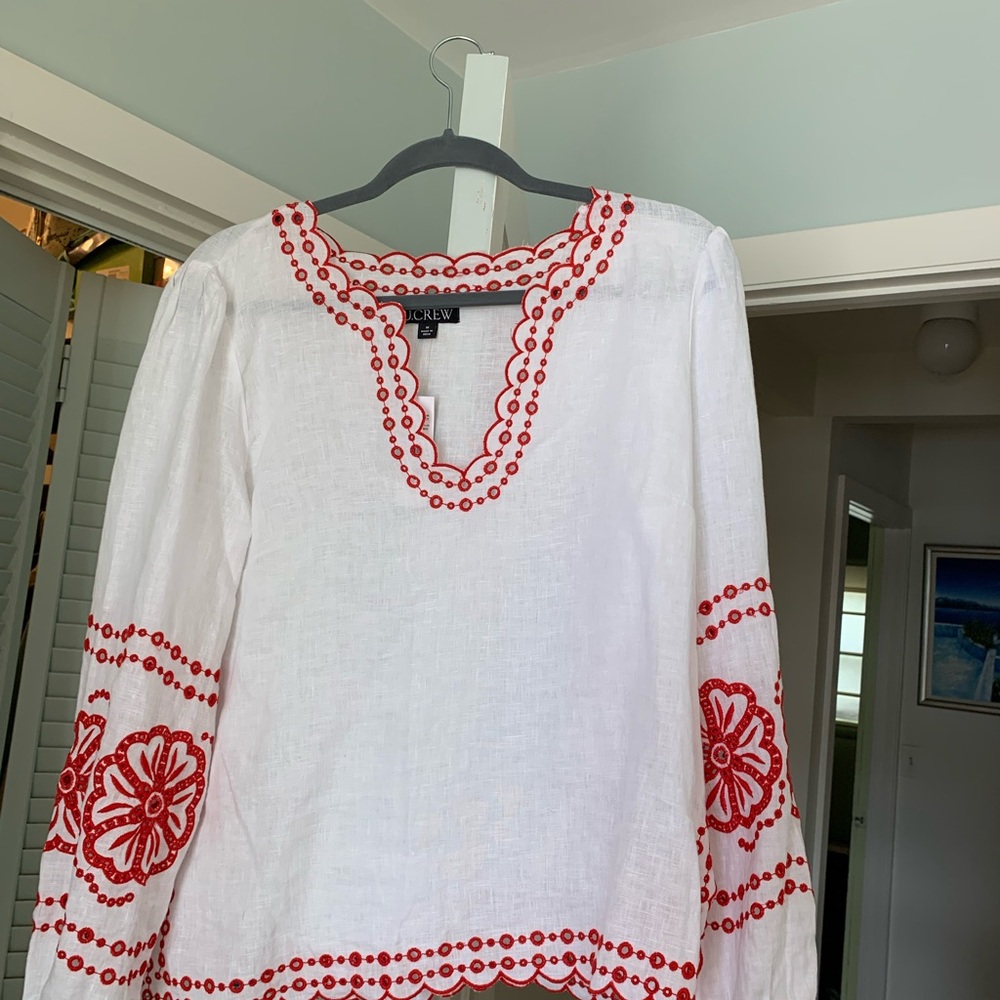J. Crew Red and White Embroidered Long Sleeve Blouse